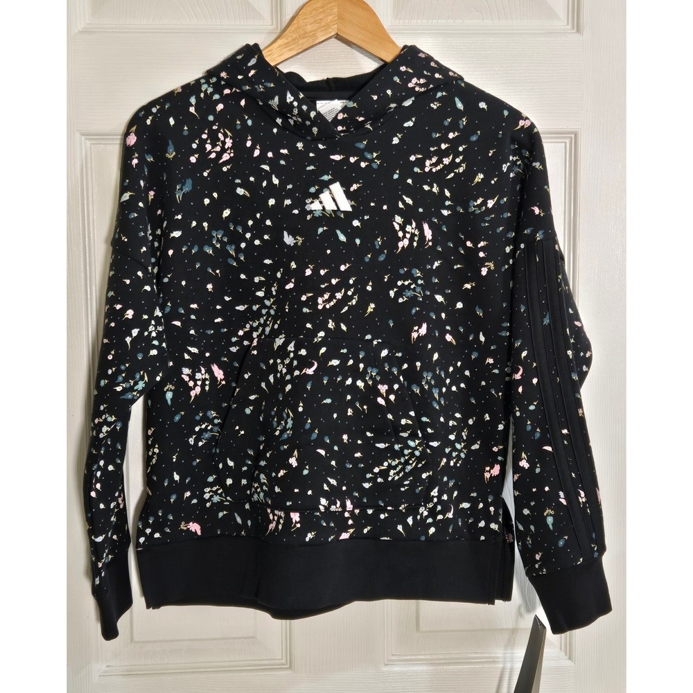 Adidas Girls Black Multi Floral Fleece Hoodie Sweatshirt AA10471 Size M 10/12
